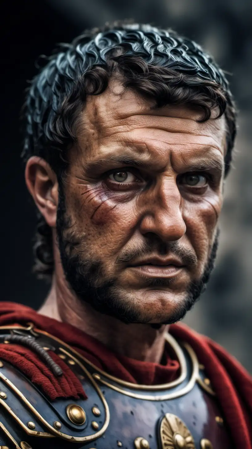  
Close-up portrait of a Roman centurion, period 101-102, after Christ. Impressive facial details, expressive eyes. Veteran, experienced. Cold, fearless countenance, superior and hard look 