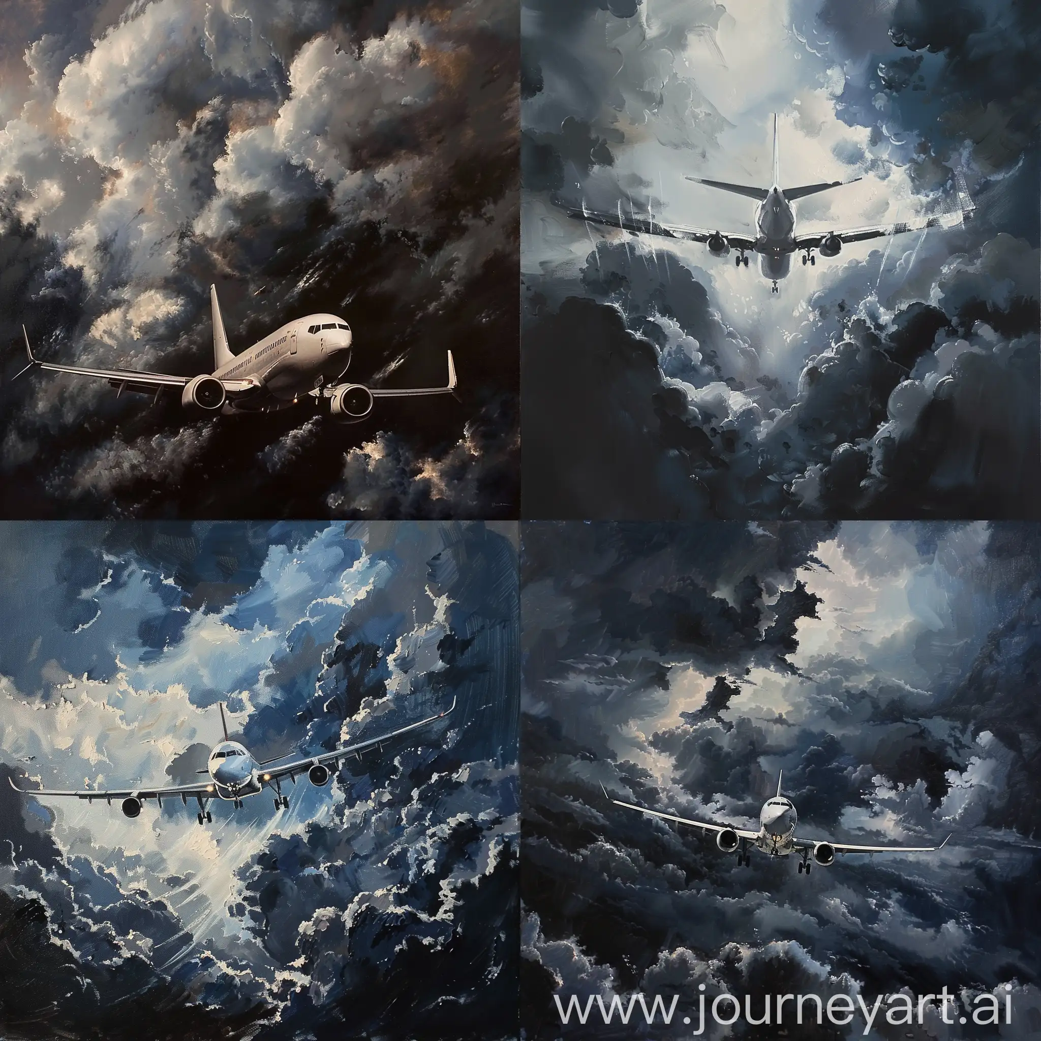 Plane-Flying-Through-Dark-Clouds-Dramatic-Oil-Painting-Art