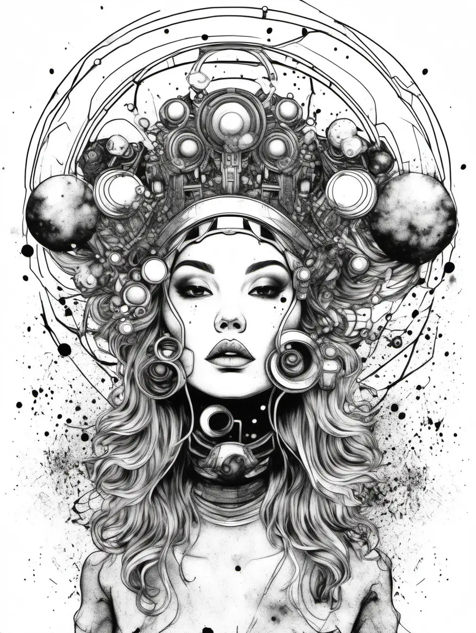 A female portrait featuring a headpiece with levitating elements that orbit around the model's head, black and white, white with black outline colour splatter, colouring page , no shading 