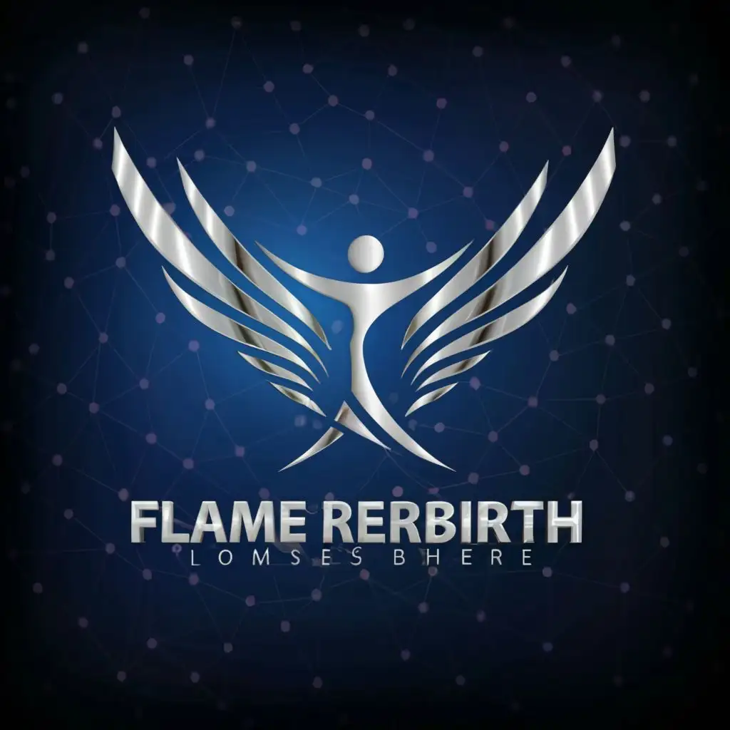 logo, silver phoenix wings. human icon with dna helix. Colours royal blue and silver, with the text "FLAME REBIRTH", typography
