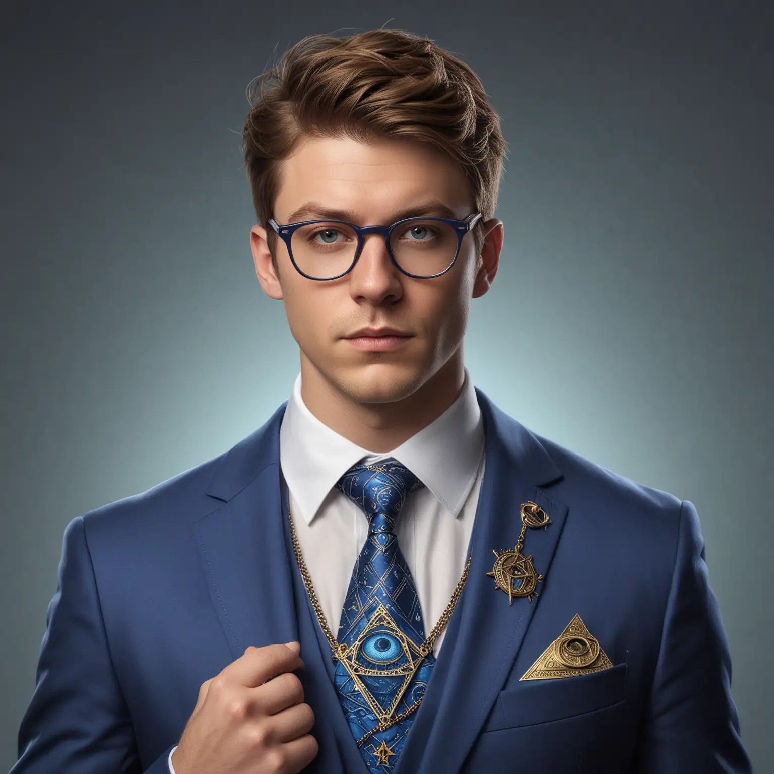 A white male, geeky, portrait image, wearing a blue suit, illuminati necklace, glasses, realistic