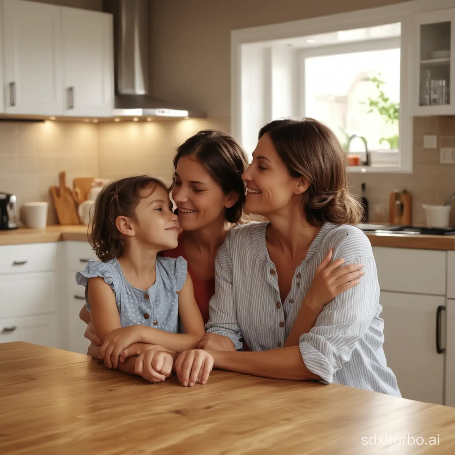 grown children with their mother showing her love with background in a kitchen background , cinematic hd 8k highly detailed