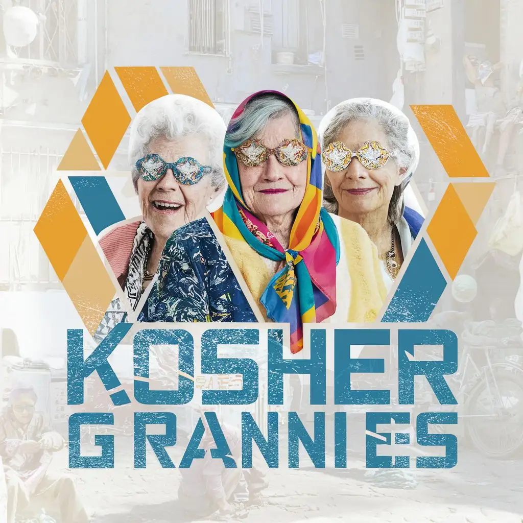 logo, Israel, yellow, blue, white, 3 older Jewish grannies with David star sunglasses and colorful headscarves, Paul Klee, with the text "Kosher Grannies", typography, be used in art industry