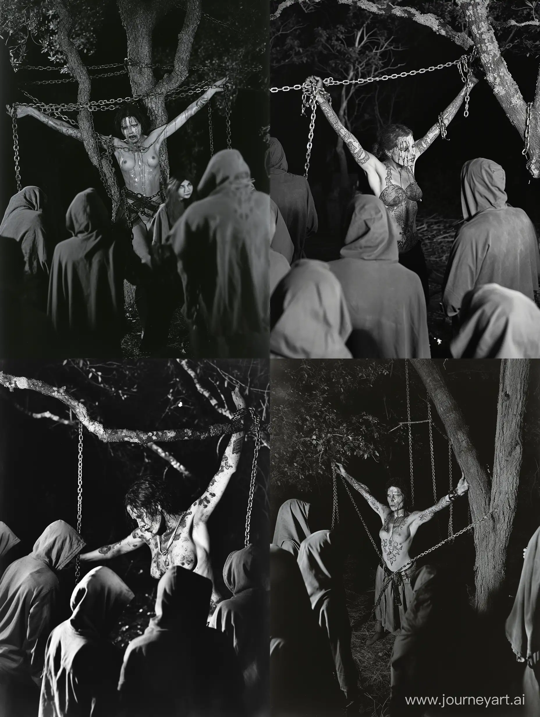 grayscale photo of a woman in a minimalistic forest,
an ominous and unsettling scene unfolds,
tear-stained face, body adorned with ominous tattoos.

Her arms, stretched open and bound to tree branches,
chains tightly securing her in a vulnerable position,
while hooded figures, backs facing the viewer, gather around her,
participating in a mysterious and unsettling ritual.

The photo is captured using Fujifilm Provia film,
enhancing the vividness of colors and contrasts,
as the night scene is illuminated by a flickering campfire,
casting eerie shadows, adding to the sense of foreboding.

The forest serves as the backdrop for this hike core ritual,
its minimalistic beauty contrasting with the intensity of the scene,
creating a chilling ambiance that evokes both fascination and unease.

Unlikely collaborators:
Marina Abramović, the performance artist exploring the limits of the body,
Sally Mann, the photographer capturing haunting and introspective images,
Gareth Pugh, the fashion designer known for his dark and theatrical aesthetics,
Ari Aster, the filmmaker specializing in atmospheric and disturbing narratives,
David Tibet, the musician and artist delving into esoteric and ritualistic themes. 