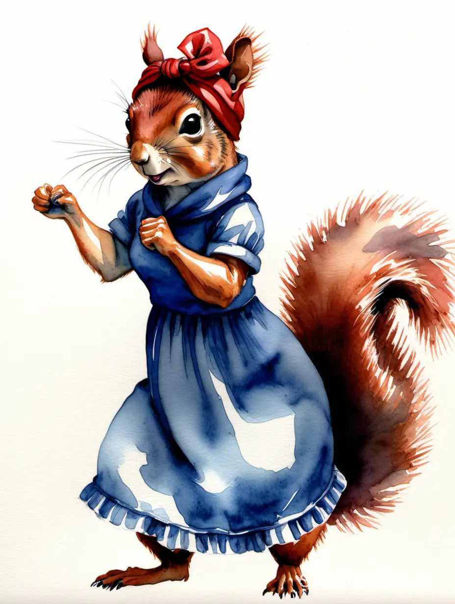 squirrel with red headscarf and blue dress in the pose of 'we can do it' in the style of J. Howard Miller, highly detailed watercolor painting