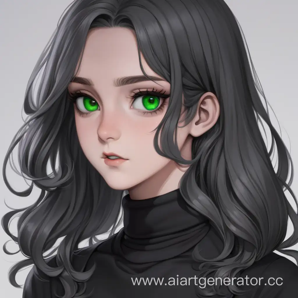 A girl with dark gray hair. Kara. Two long curls run from the temples to the chest. She has green eyes and a scar on her right eyebrow. A black turtleneck.