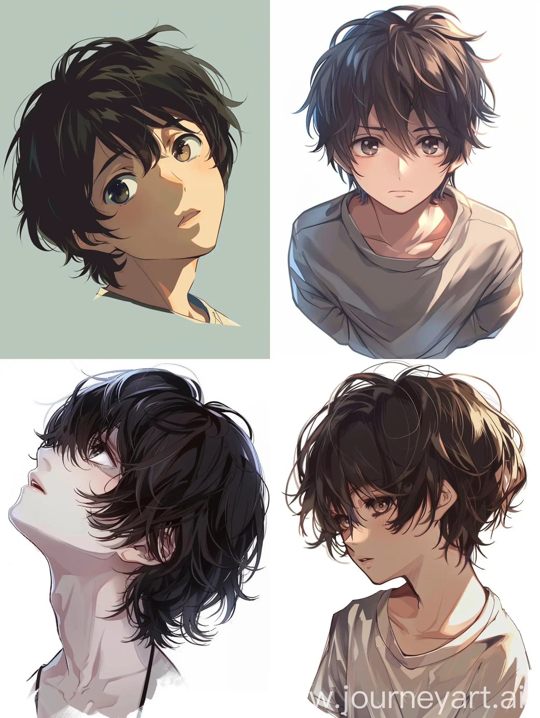 boy, dark hair, top view at an angle, anime style.