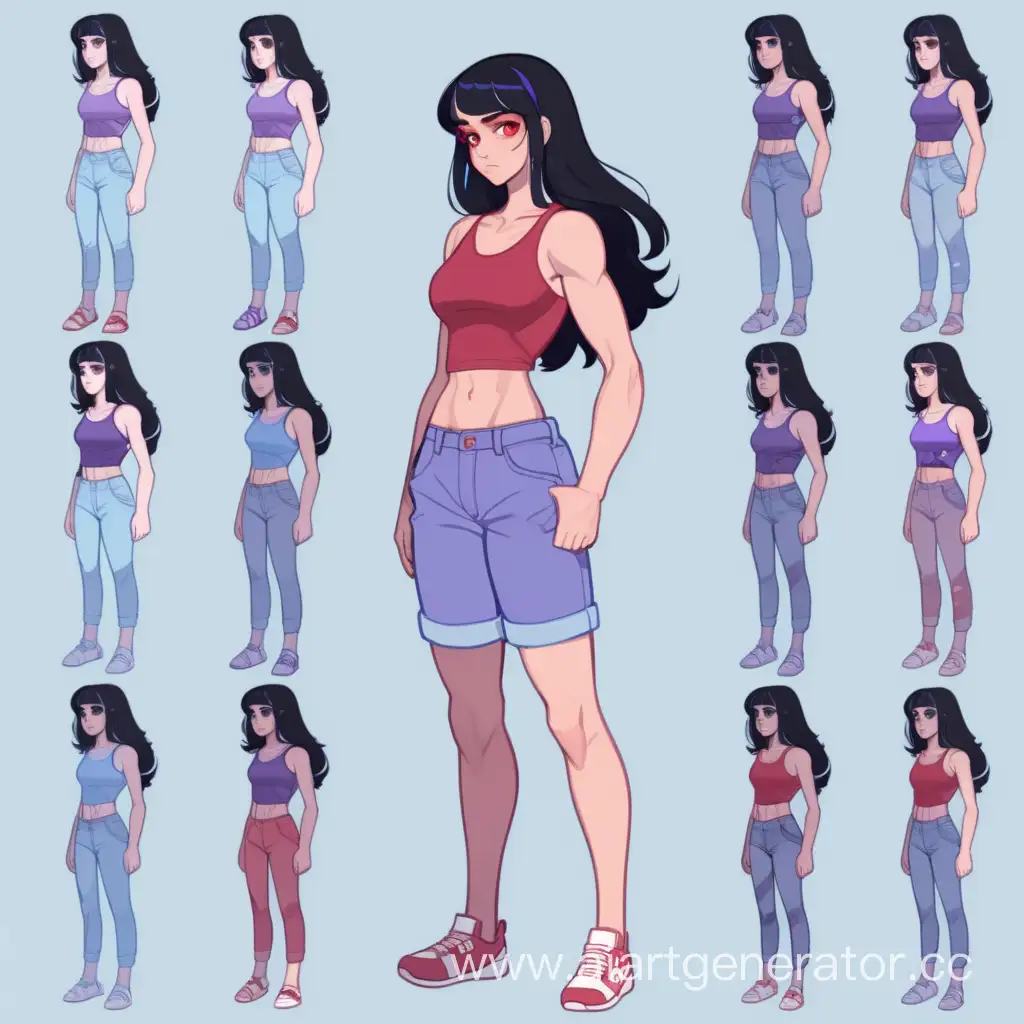 purple and red and light blue colour palette on clothes 
a grown slight muscular woman black hair with little purple 
blue eyes in  reference sheet style 
fullbody