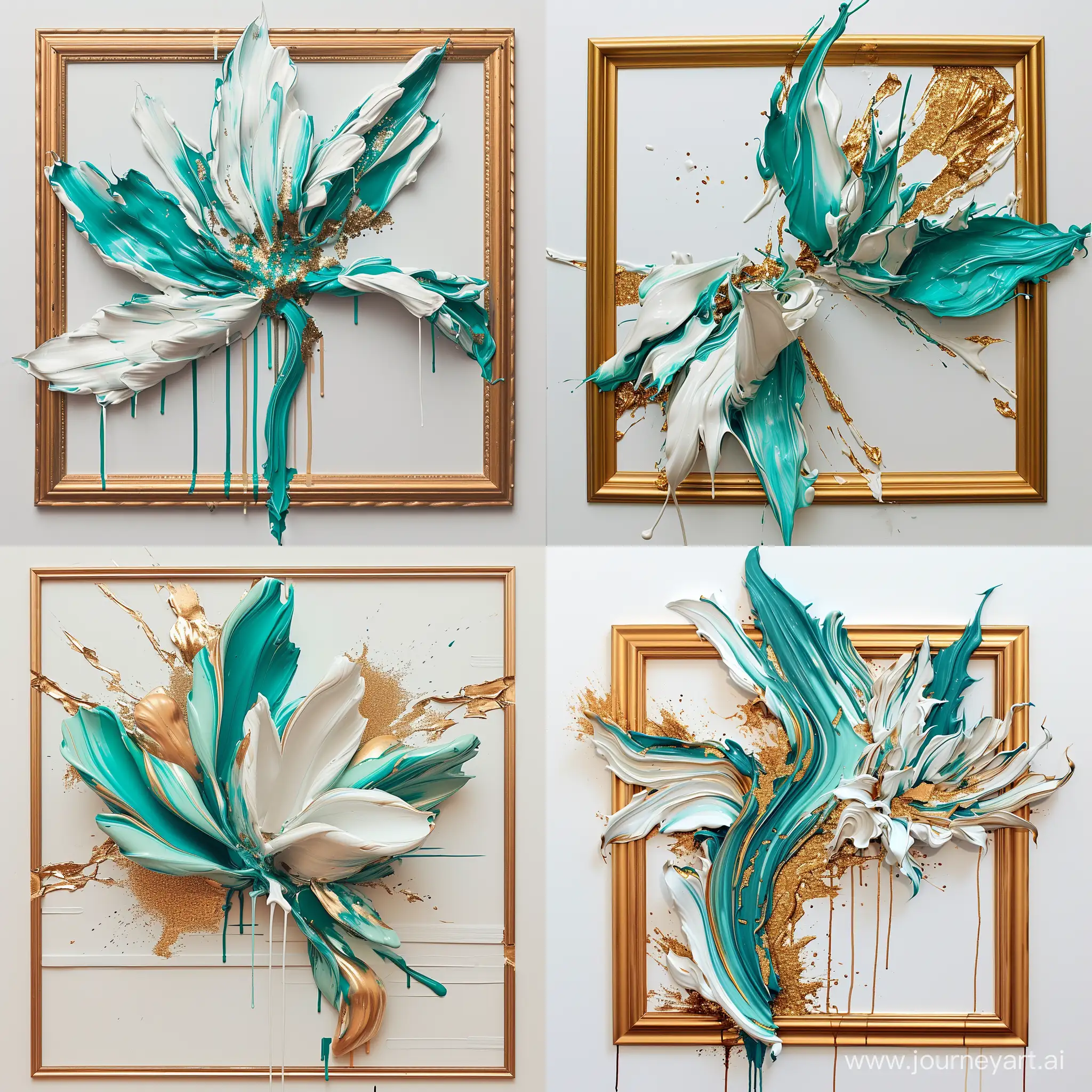 Surreal  leaves made of oil paint Dripping Paint flower by Peter Saville, it comes out at an angle from a golden frame, completely in the screen, abstract, large strokes, turquoise and white, gold sequins , stucco, 3d volume, unlimited flow of energy, abstract, multidimensional, in white background