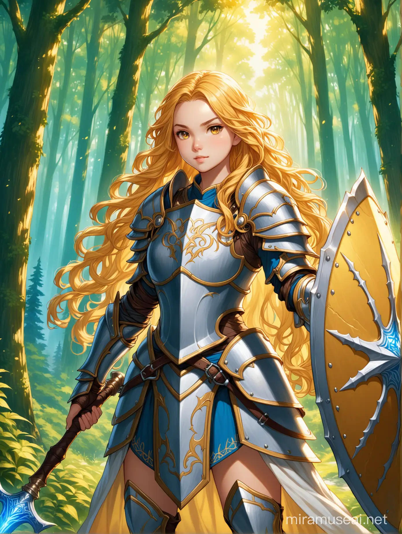 Detailed Character design, young teen girl, long curly locks, yellow blonde hair, female paladin, wearing a short white warrior chest armour with blue and yellow intricate design, holding big shield in left hand and a short mace in right hand, fantasy forest background 
