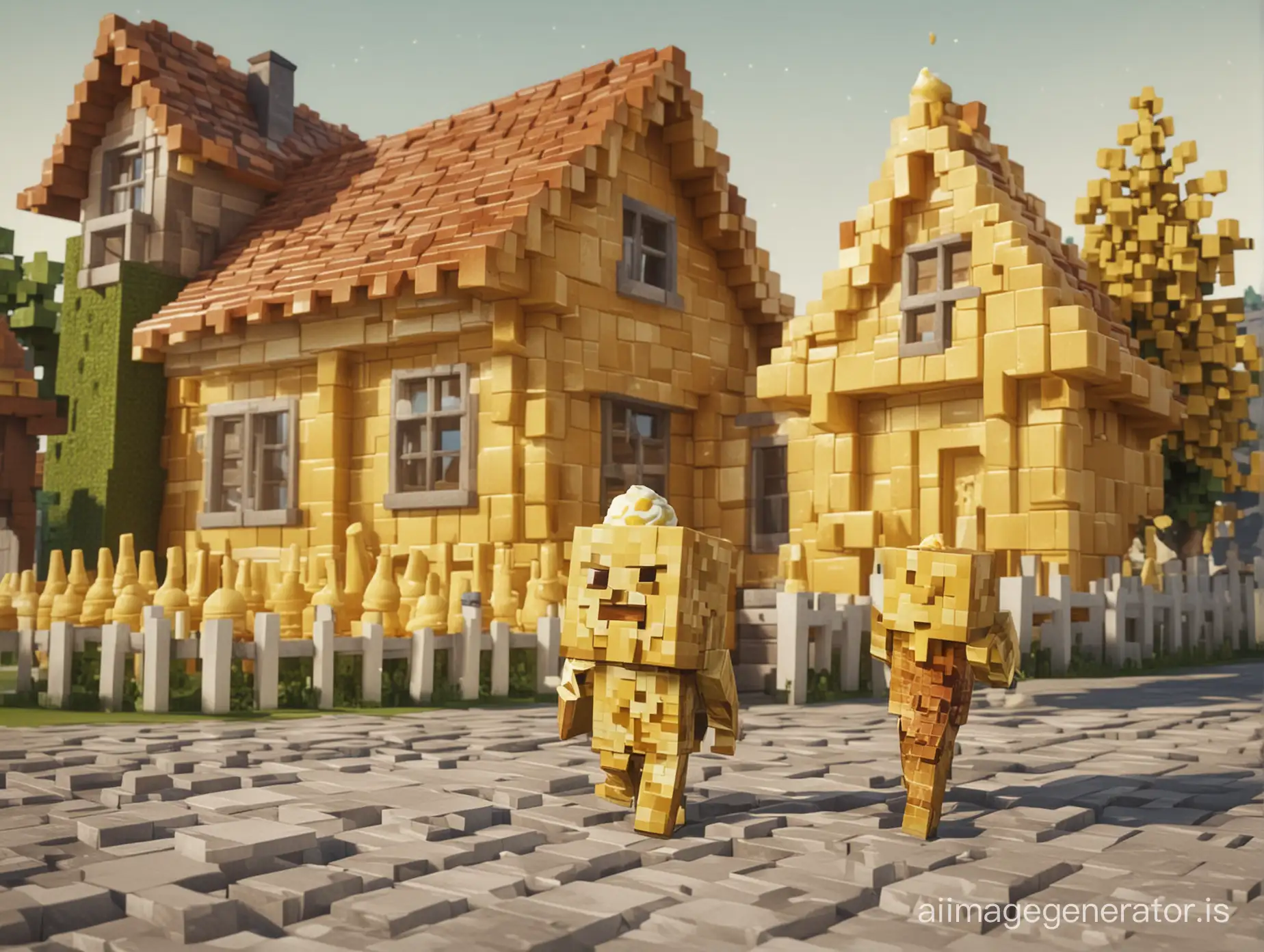 The little man from Minecraft next to the house made of golden ice cream