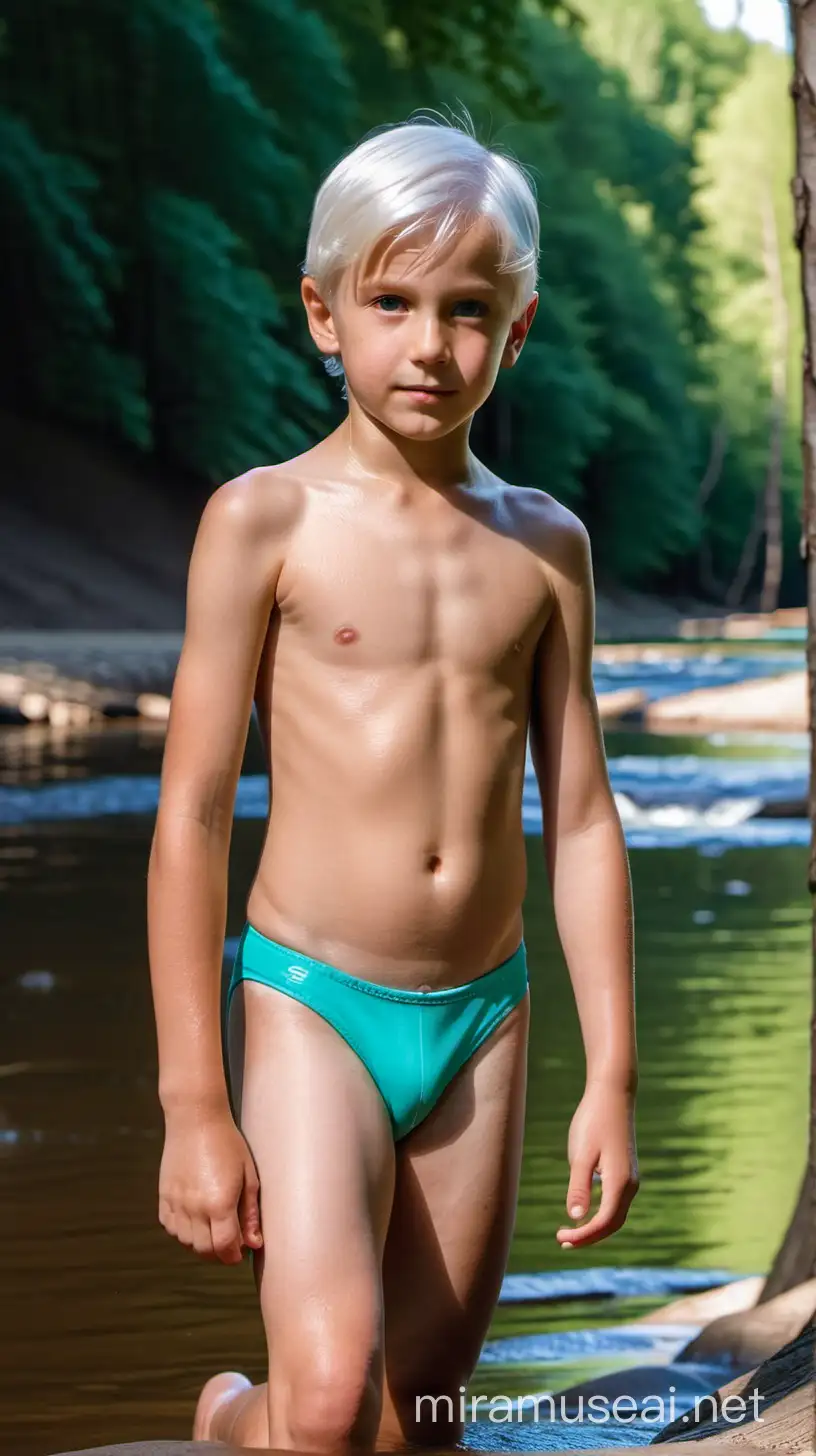 Niño ruso de 8 años con el cabello blanco solo usando speedo en un río enmedio de un bosque 