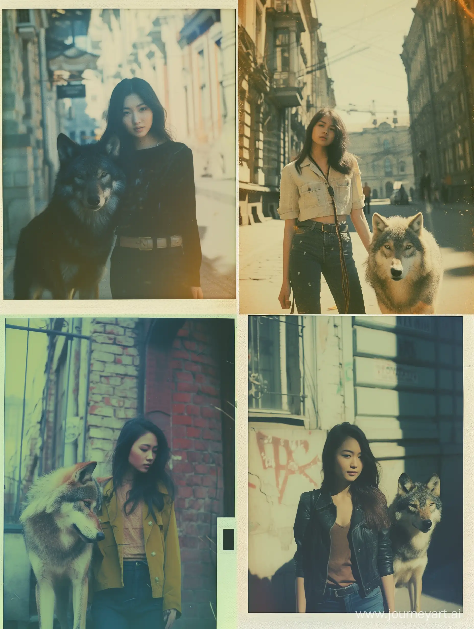 Street style photo of a woman and wolf, attractive Malaysian strolling in the old streets of Moscow. Unique vintage effect shot on Polaroid Originals Color Film, , Неоновый свет