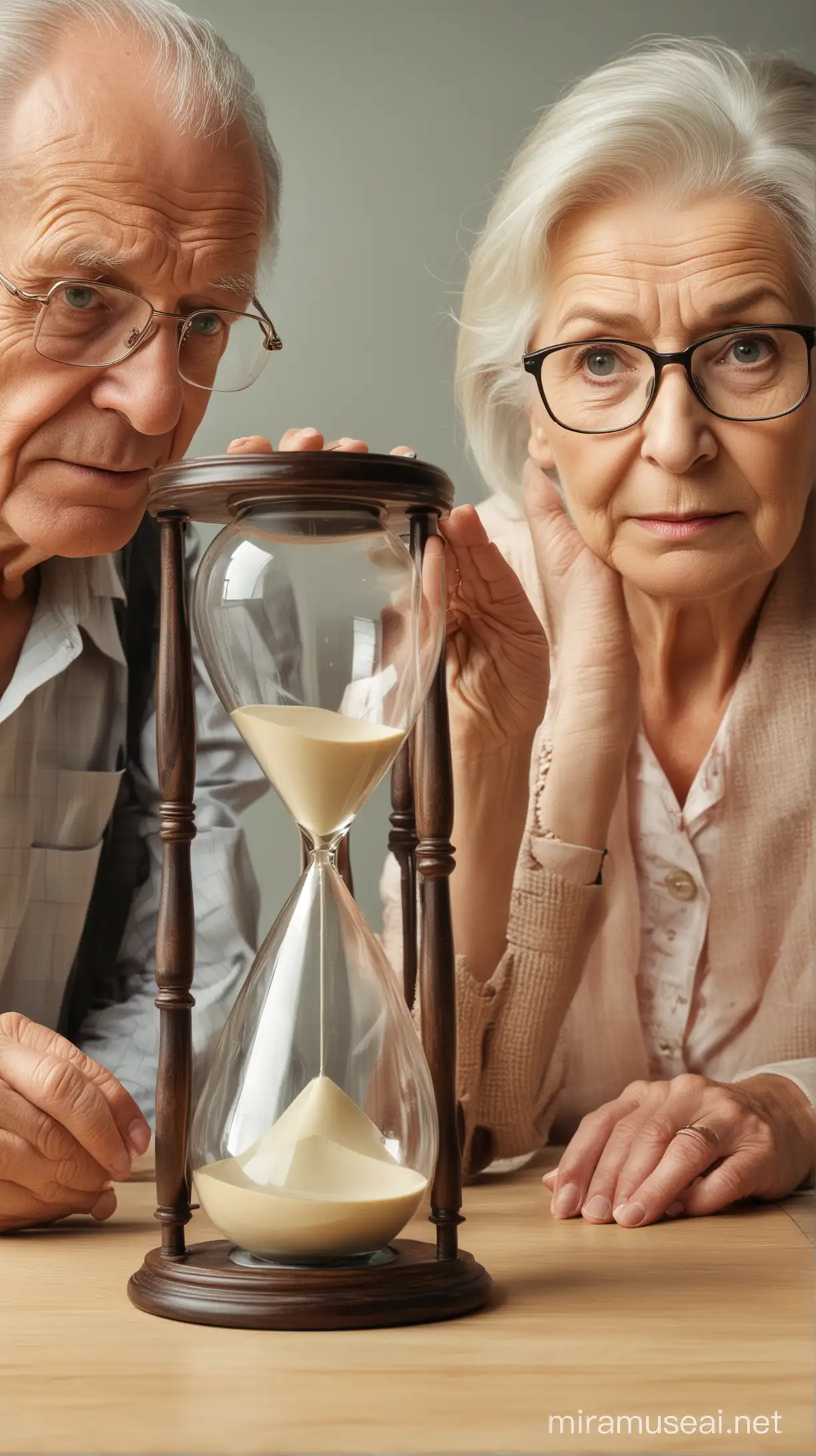 elderly man and woman looking at a hourglass
