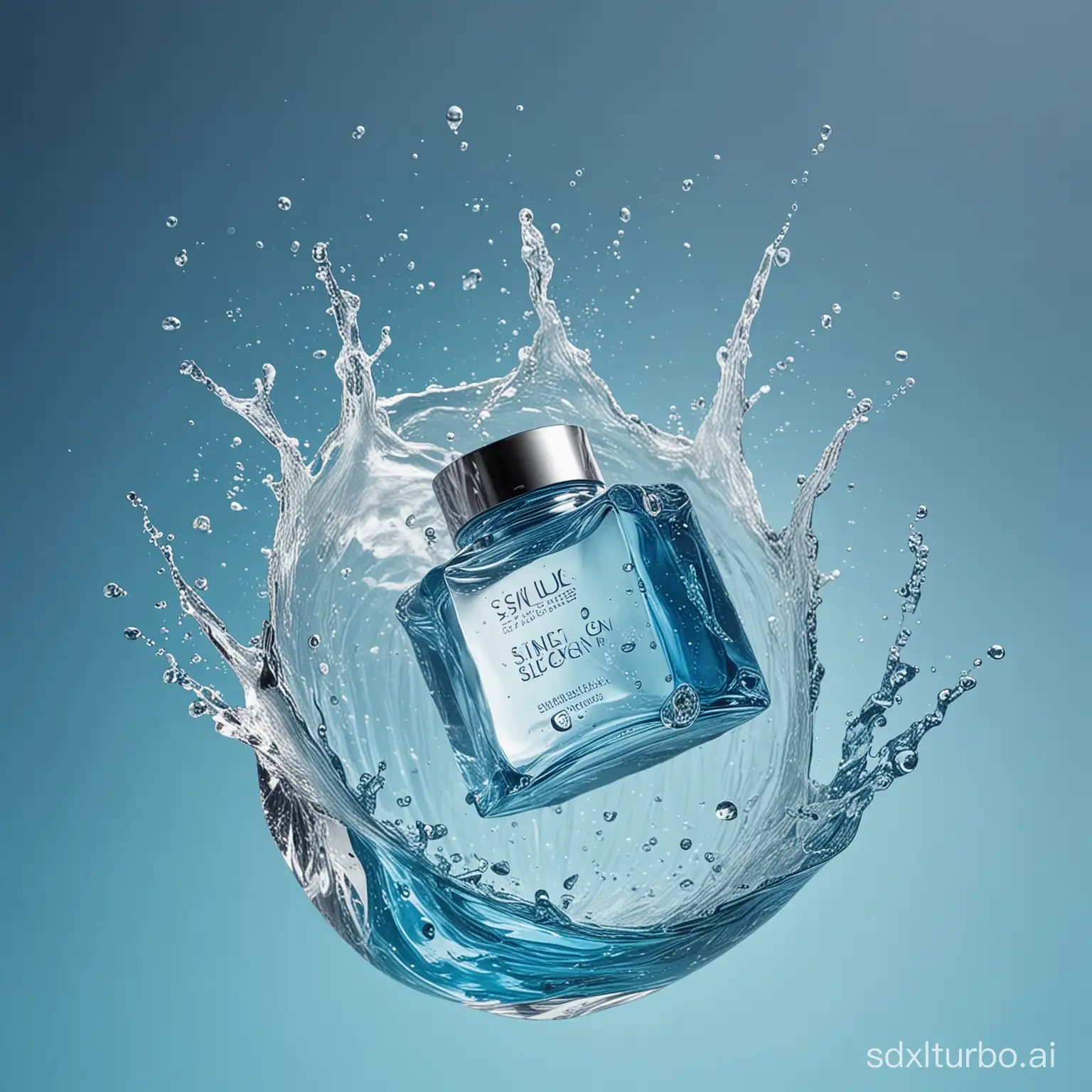 A skincare product falls into the water, splashing water, with half of the skincare product submerged in the water. Side view, transparent glass packaging, overall color tending towards blue.