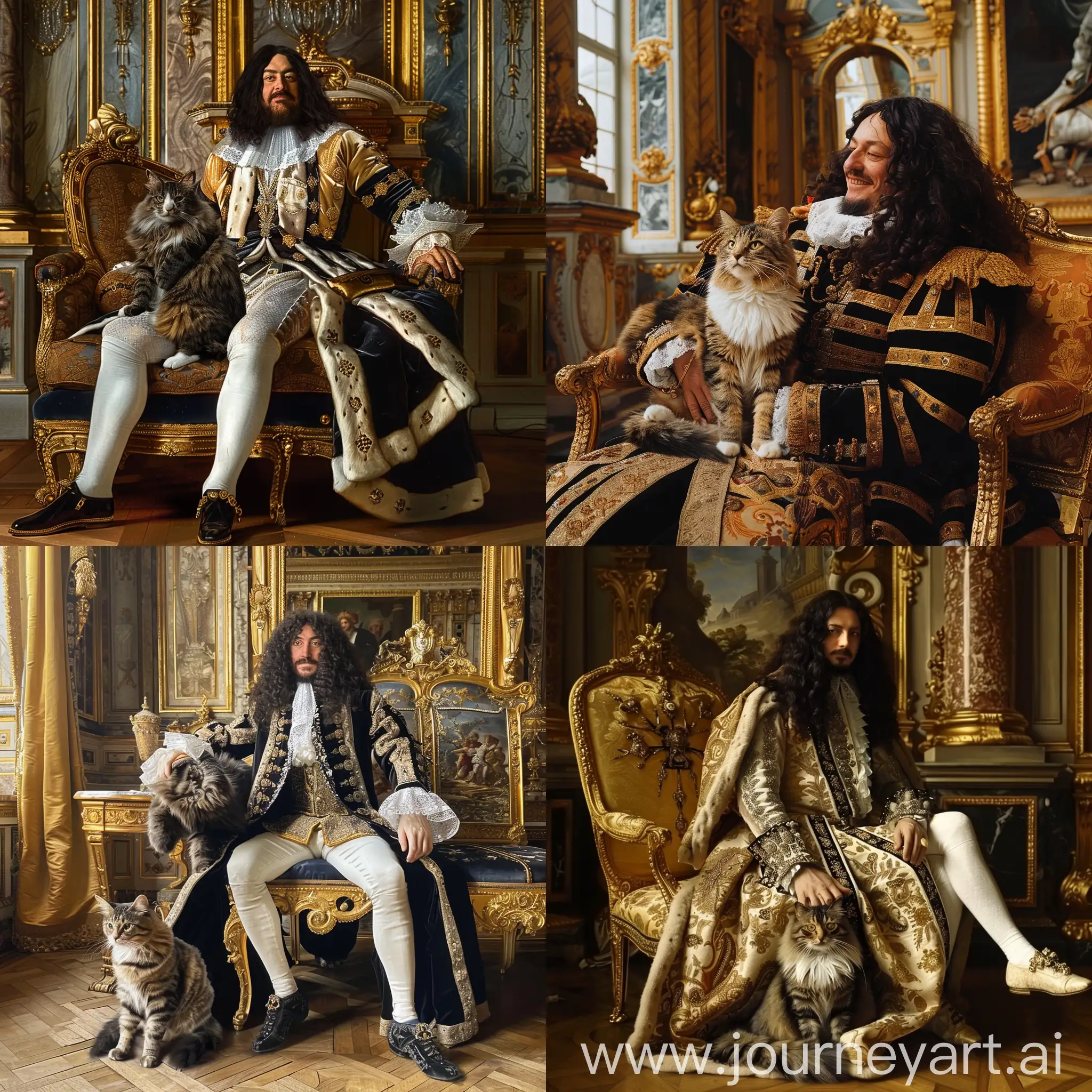 Create a photo of Sulkhan-Saba Orbeliani with Louis XIV visiting the Palace of Versailles in Paris. The palace should be decorated. A cat sits on Louis XIV's lap
