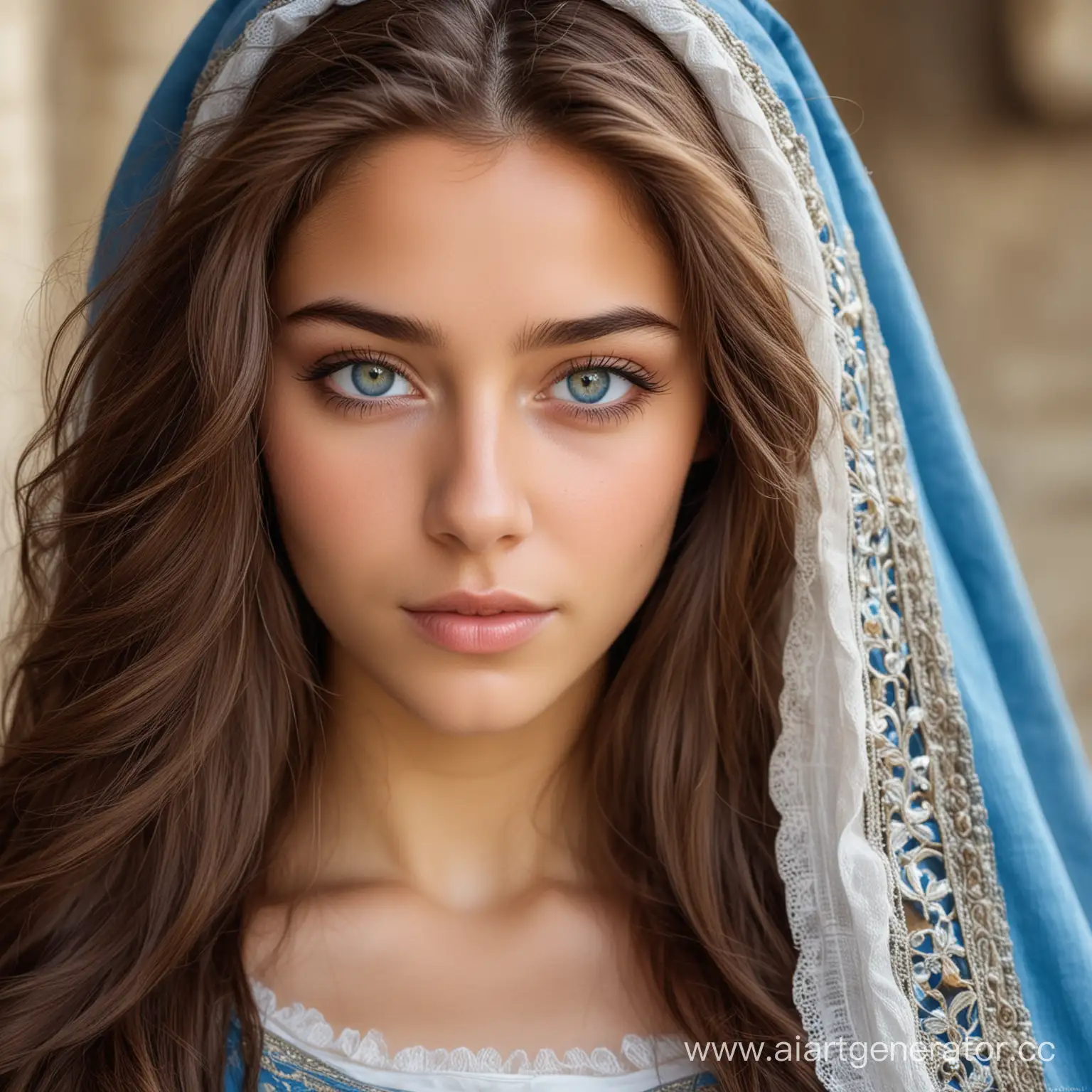 a woman who is 20 years old, with brown skin, beautiful long brown hair, very pretty, the iris of her eyes are blue and the whites of her eyes are a light tint of blue, in the medieval time period