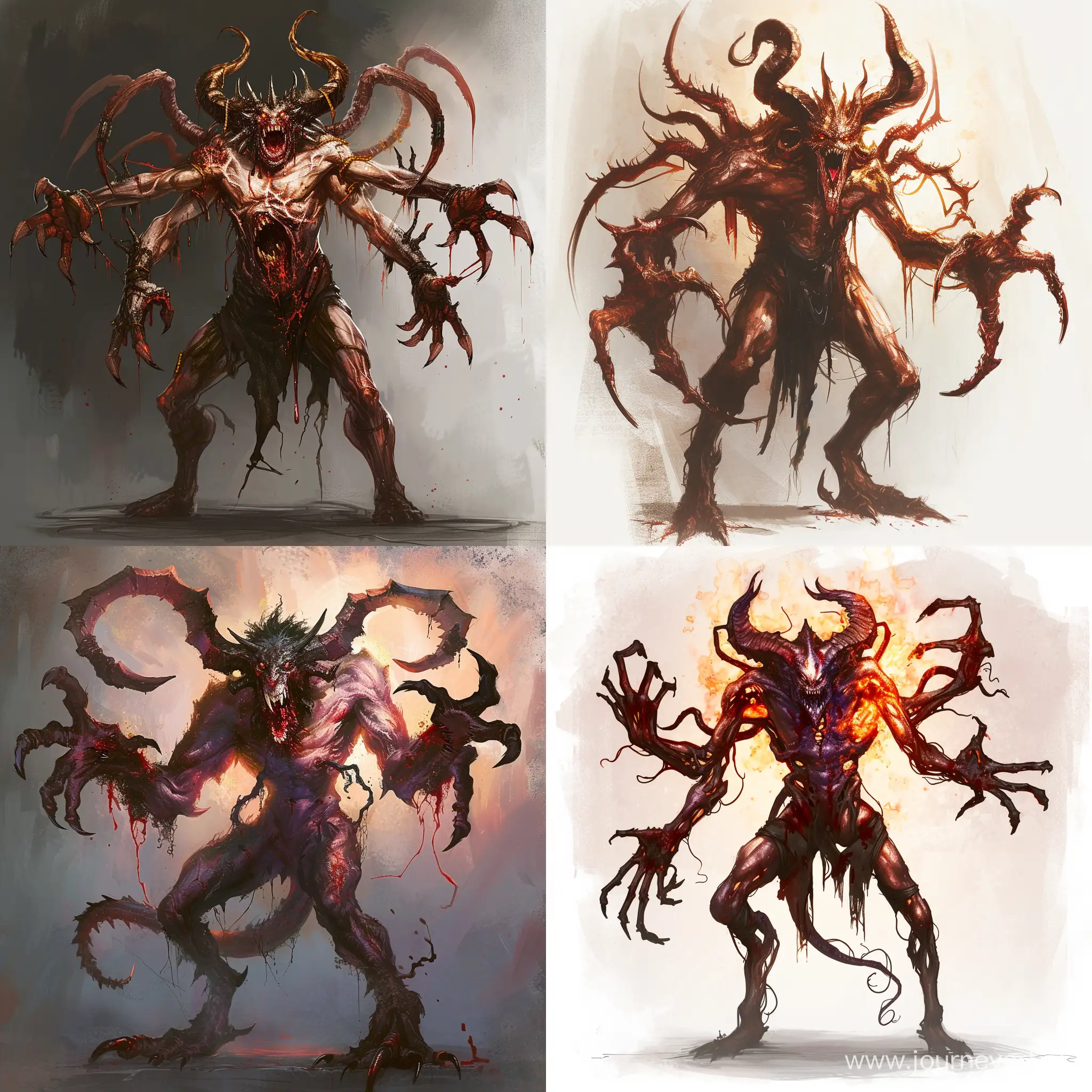 Нарисуй демона, в стиле реализм, для игры, у демона должно быть много рук, он должен быть ростом порядка 4 метров в высоту, добавь больше красок и больше агрессивности для демонов

