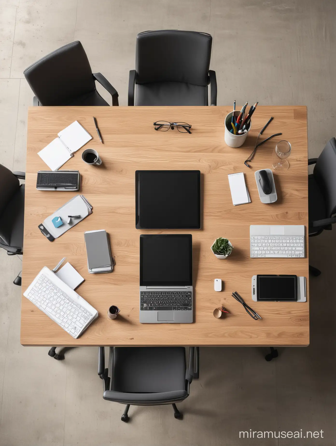 design a no person business meeting table with office equipment and communication tools on it