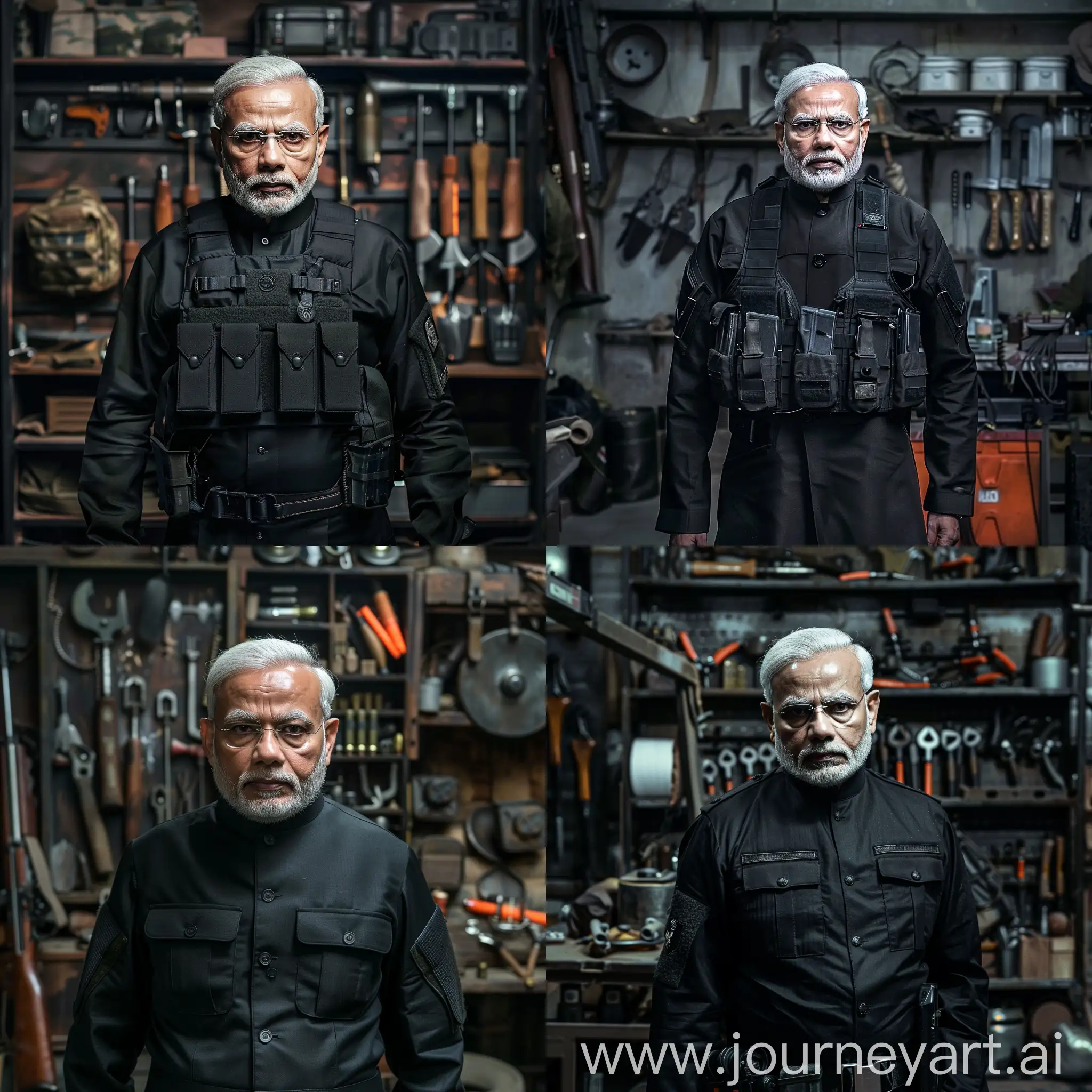 Narendra modi in black commando uniform with a lot of combat tools in the background