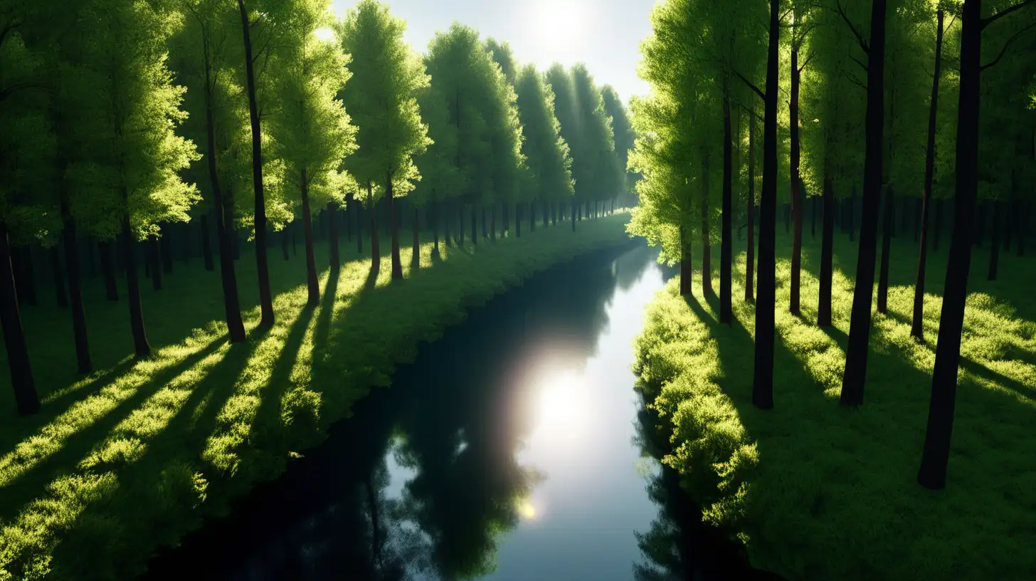 森林，阳光，中间有一条河，两边绿树成荫，