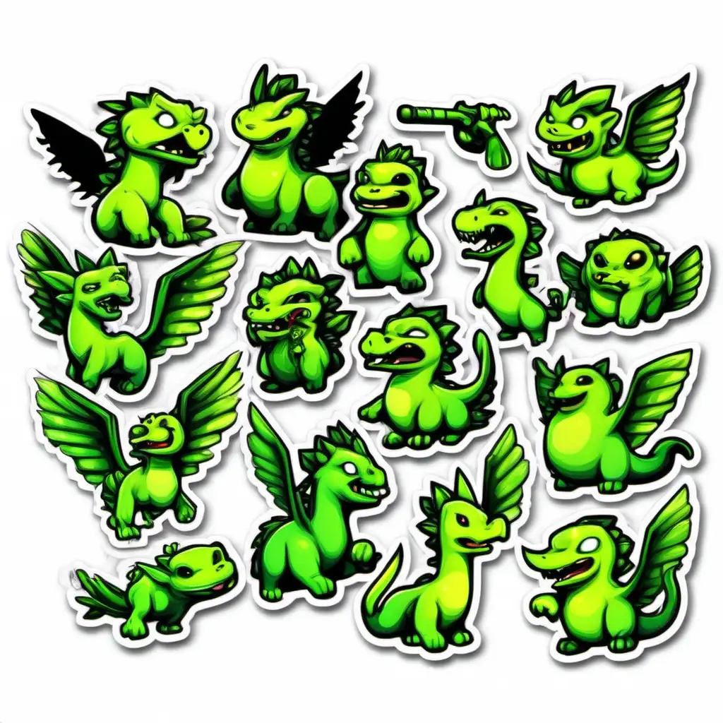 social media sticker pack on white background. The main cheracter of the stickerpack is a green dragod -v5 -
