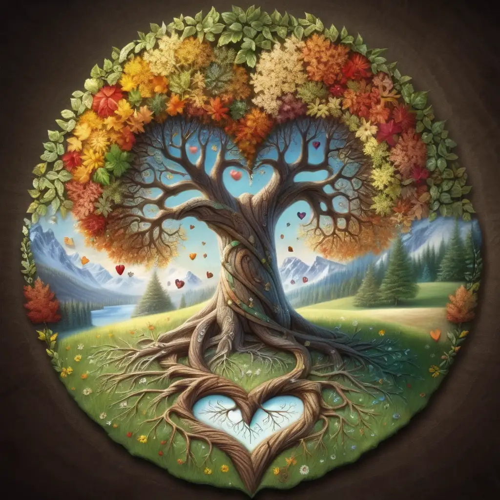a symbolic tree to represent the four seasons, spring, summer, fall, winter, a twisted heart grows on the trunk, stitched onto a cloak
