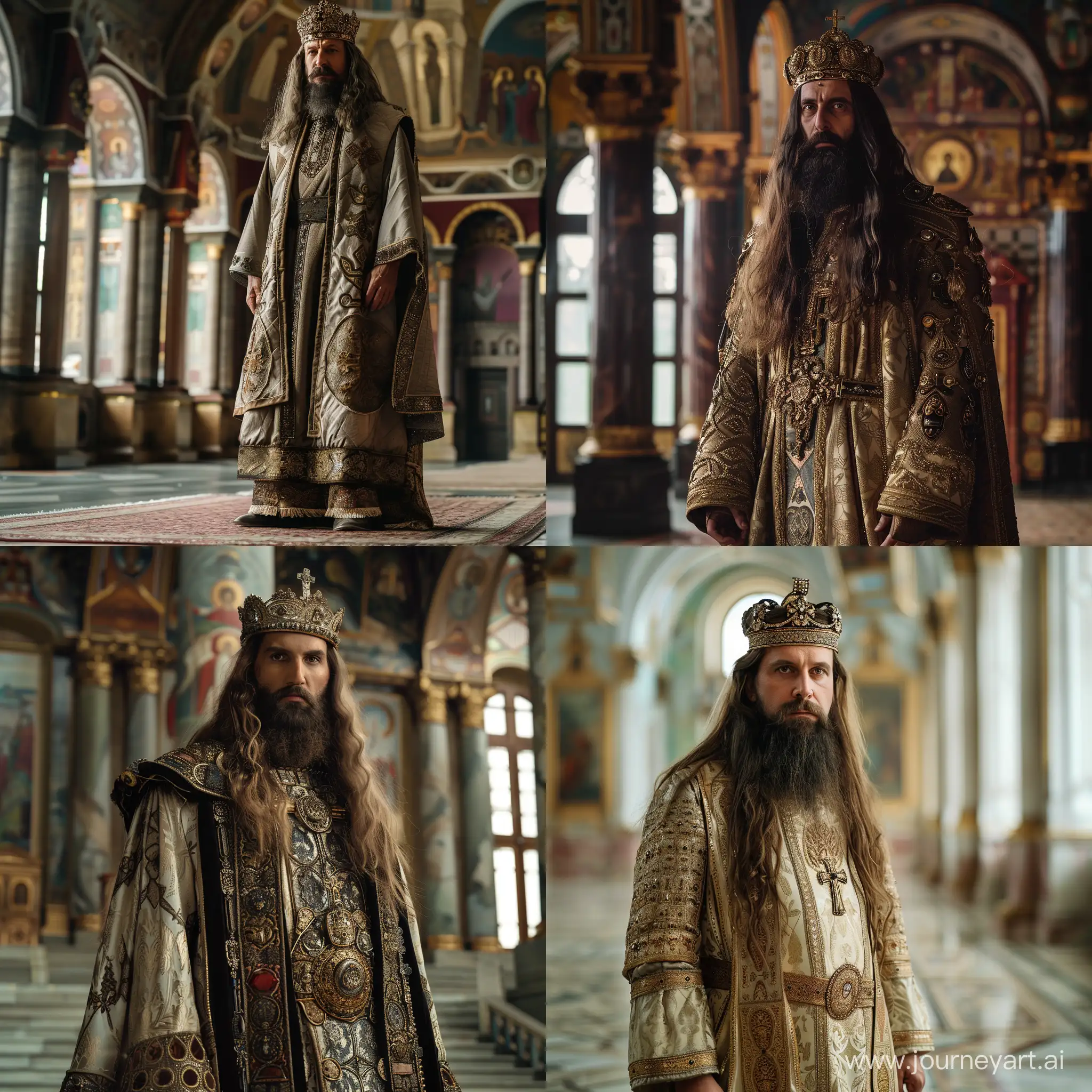 Realistic image of Bulgarian Tsar Ivan Alexander standing tall in the palace. He has medium long hair and long beard. Wearing Orthodox Christian emperor attire and crown. Cinematic shot