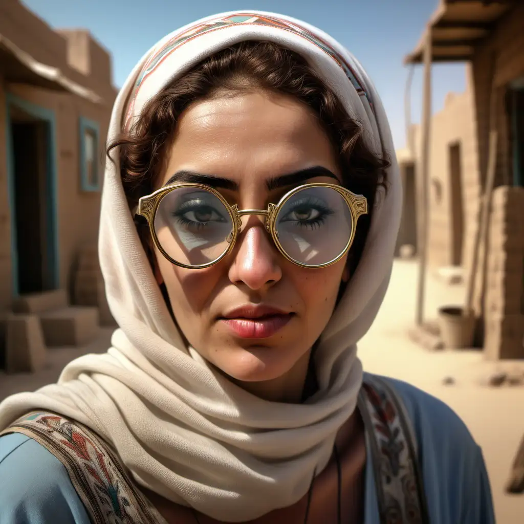 Woman face with vintage glasses in a village of Egypt, hyper realistic style, ultra detailed