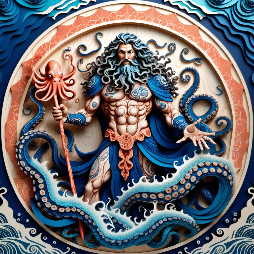 Full body, Handsome sexy Smiling Poseiden holding a trident in one hand and lightening in the other hand with dark blue eyes wrapped in an octopus dressed in flowing clothes with long curly hair on the ocean floor of coral showing wood grain, multilayered cut, wood grained color, symmetrical design, mandala, paper cut, animals flying , very detailed
