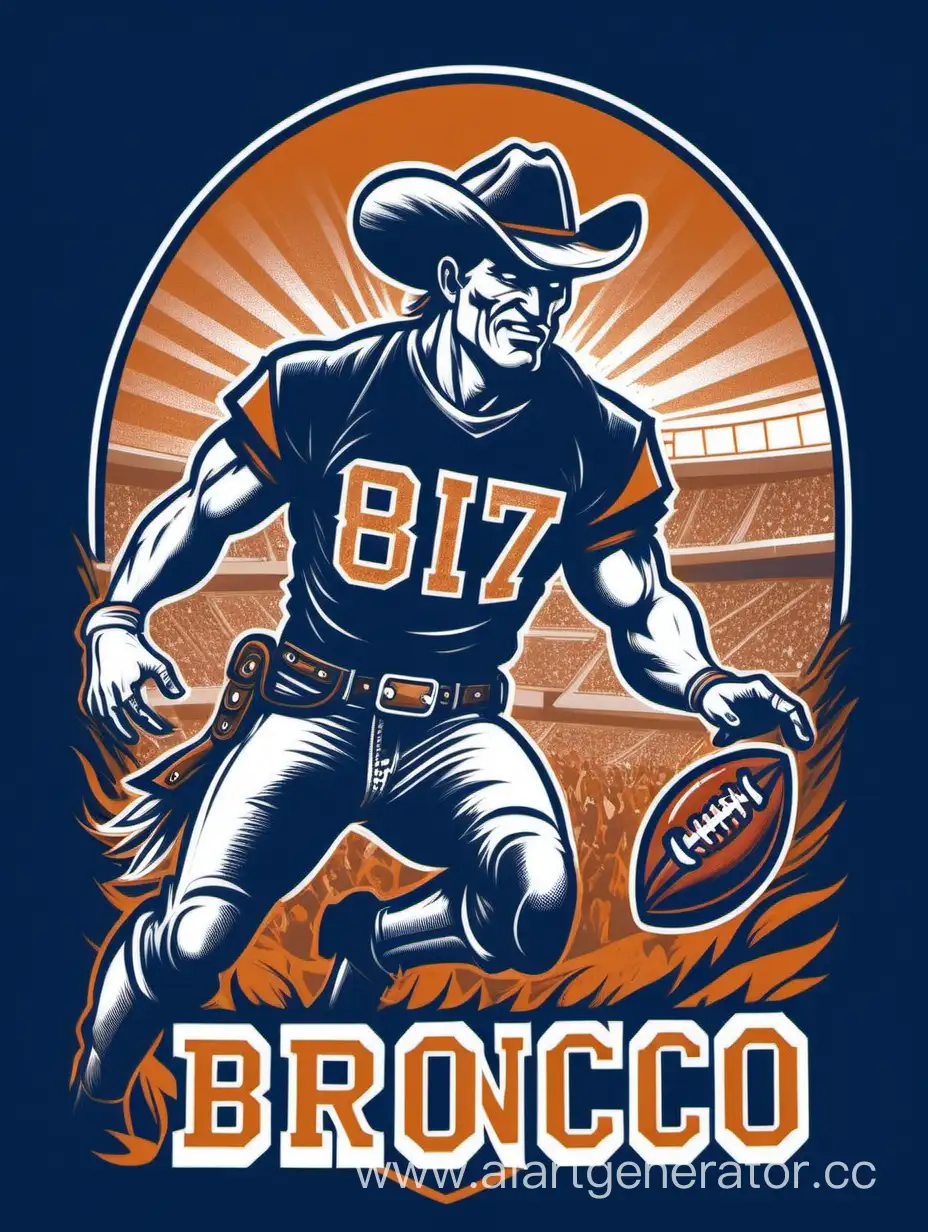 
 "Bronco Blitz" integrating cowboy and football graphics in action in the t-shirt design, high quality picture 