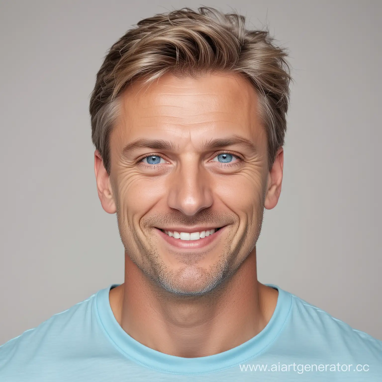 Мужчина европеец, улыбается, возраст 40 лет, светлые волосы, голубые глаза, фотопортрет белом фоне, в футболке светло-синего цвета, стиль реальность, 4k