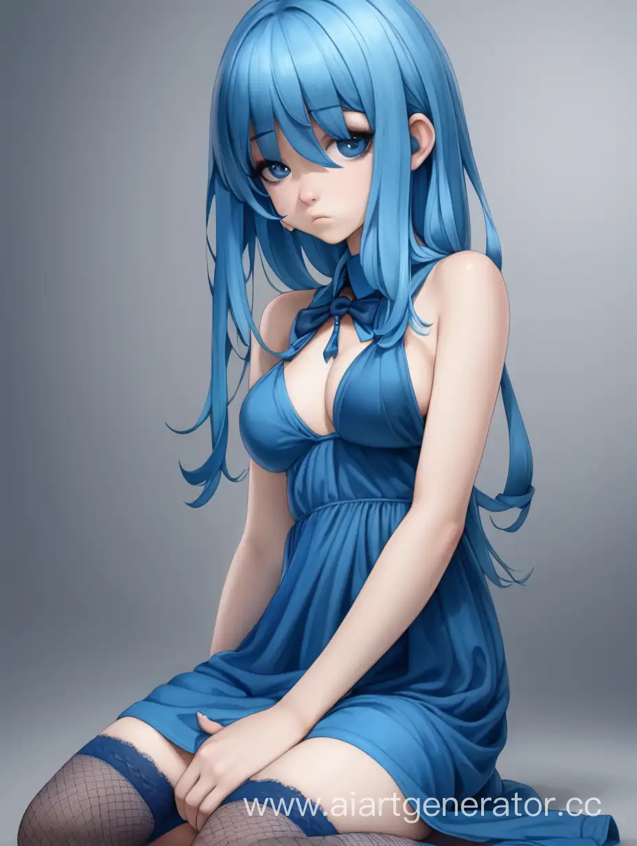 Голая Застенчивая девушка с синими волосами В синем платье и чулках