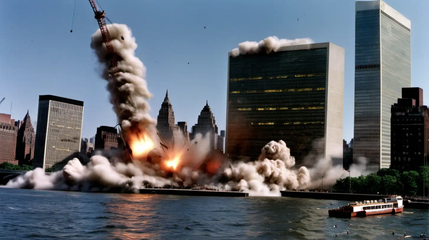 The United Nations Building being demolished by controlled explosions and falling into the East River.