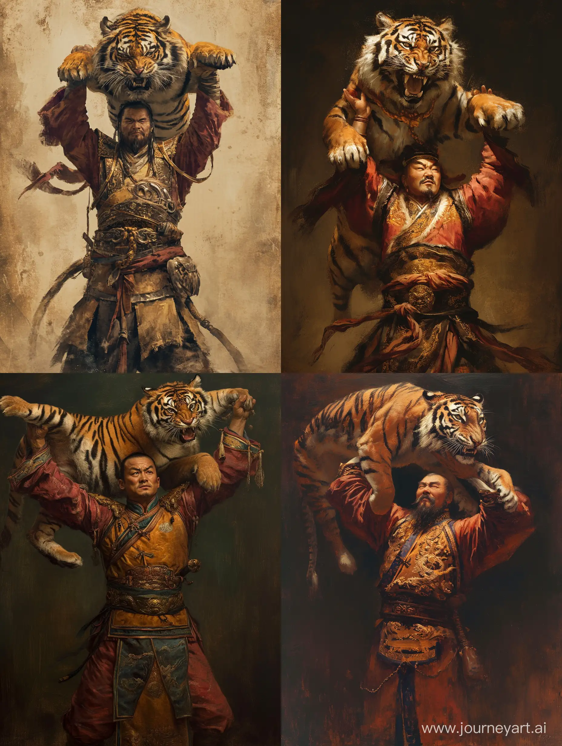 一个中国古代将军将一只猛虎高高举过头顶，沉旧古画风格