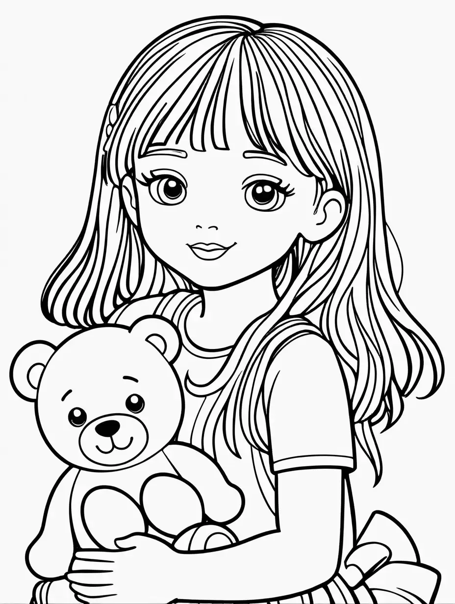 Coloring page for kids with a kawaii female child, the child has a teddy bear next to her, black lines white background