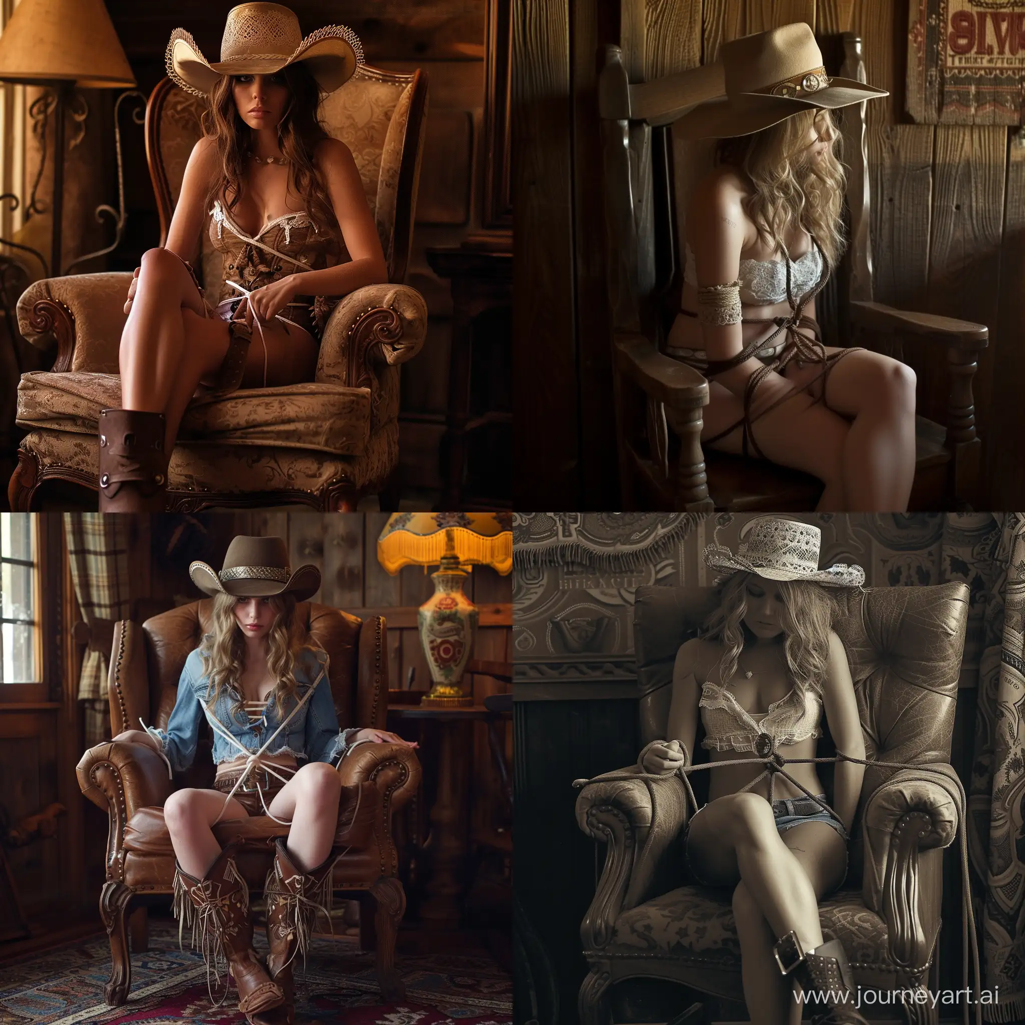 Cowgirl tied up on a saloon chair 