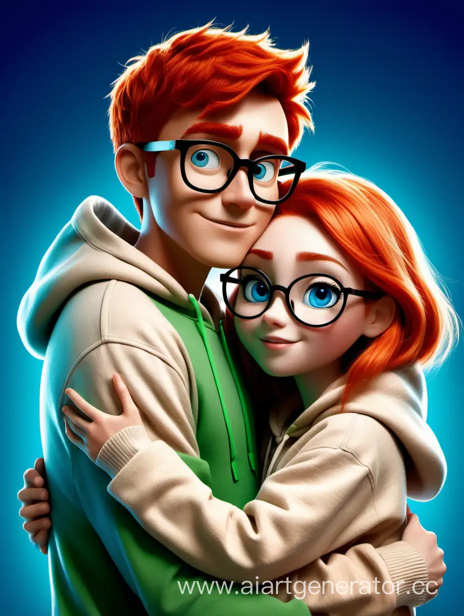 Плакат в стиле Disney Pixar, на котором изображен рыжеволосый парень с короткой стрижкой и зелеными глазами в бежевой толстовке с капюшоном и очках, обнимающий девушку с голубыми глазами в очках, блондинку в бежевой толстовке с капюшоном