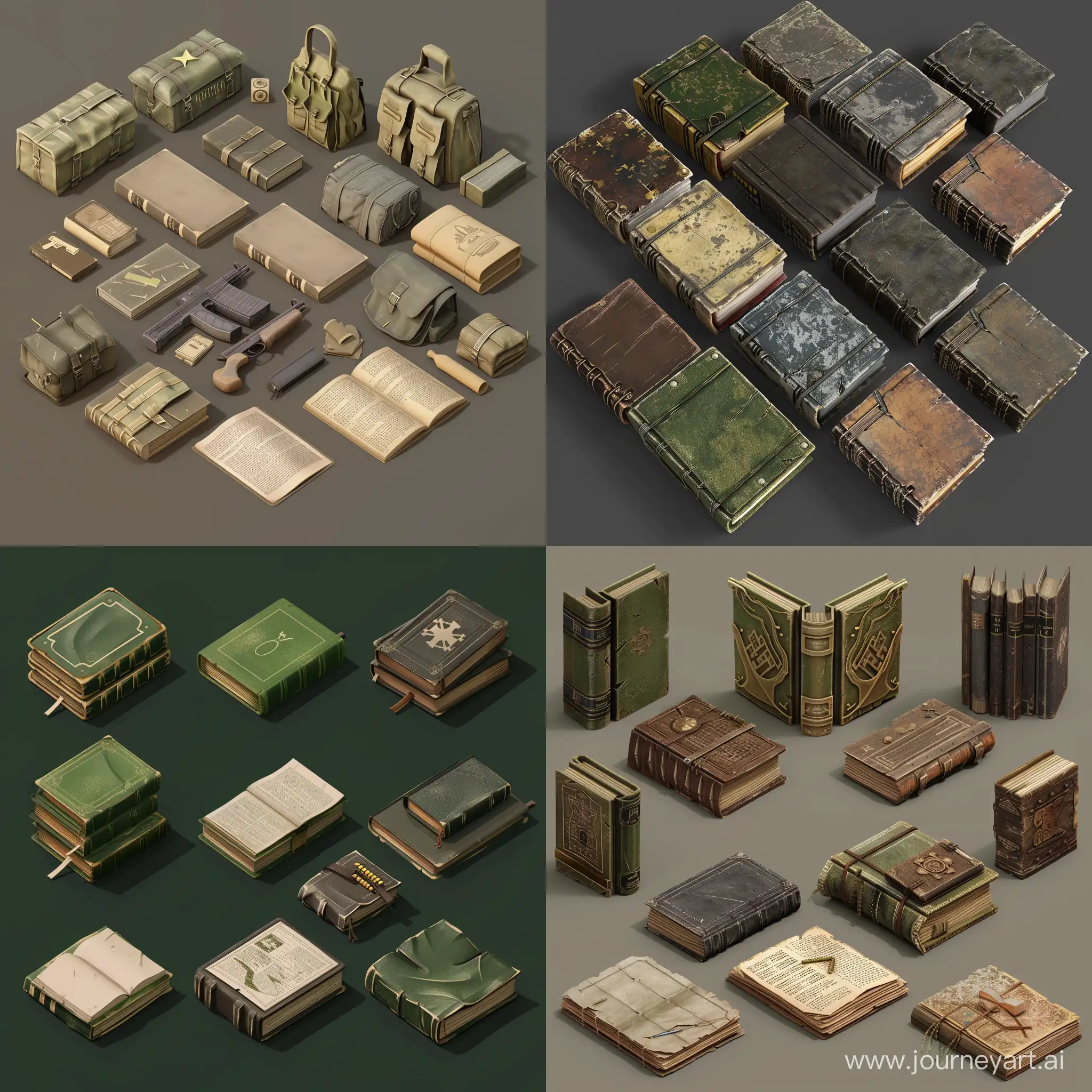 isometric old military book set, 3d render, stalker style