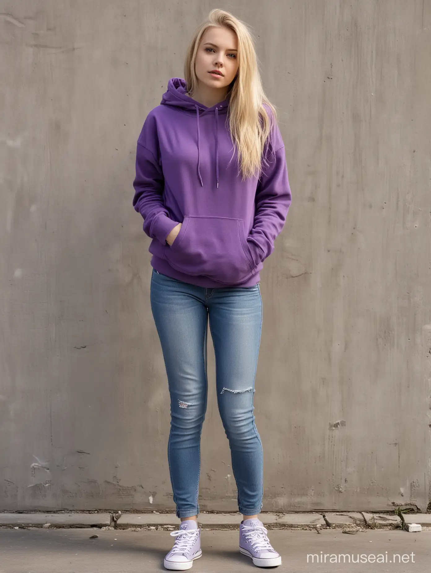 Apocalypse Style 24YearOld Blonde in Purple Hoodie and Jeans