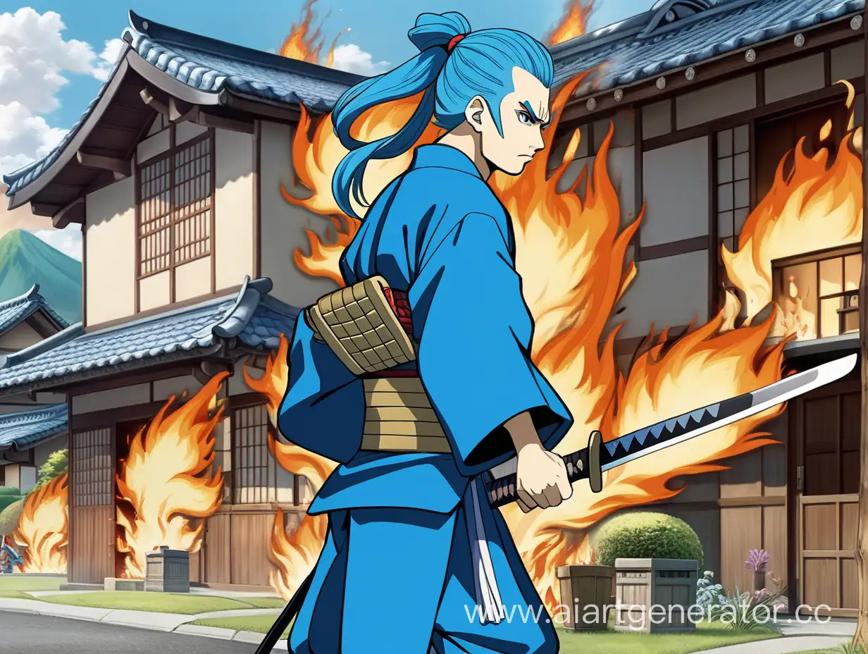 A man with a ponytail hairstyle and blue hair color, who is a samurai soldier with a katana, is wearing blue clothes and is burning in front of the houses he owns in an anime style.