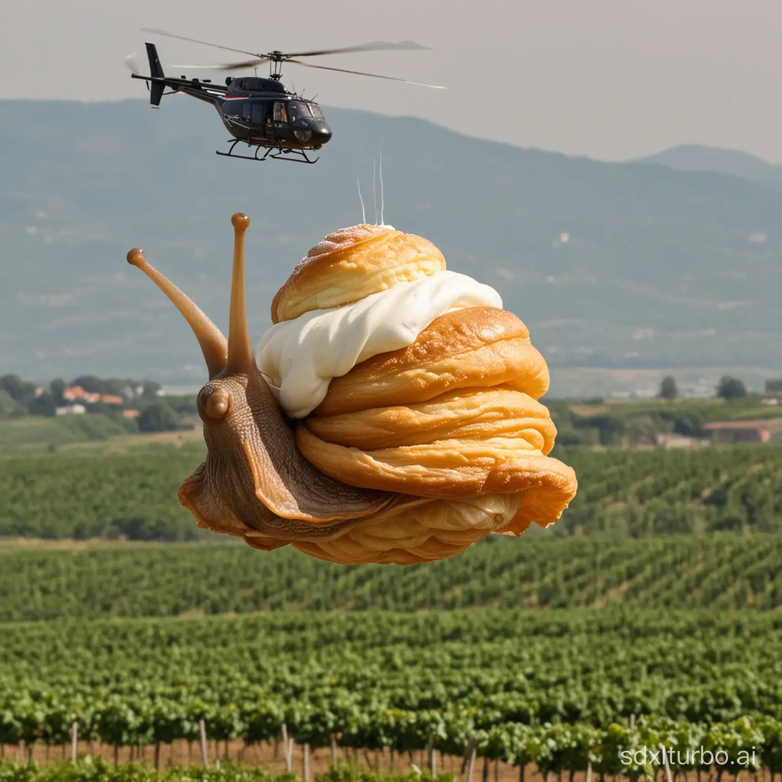 eine riesige weinbergschnecke die anstatt eines hauses einen windbeutel auf dem rücken hat und großen helikopterfügeln