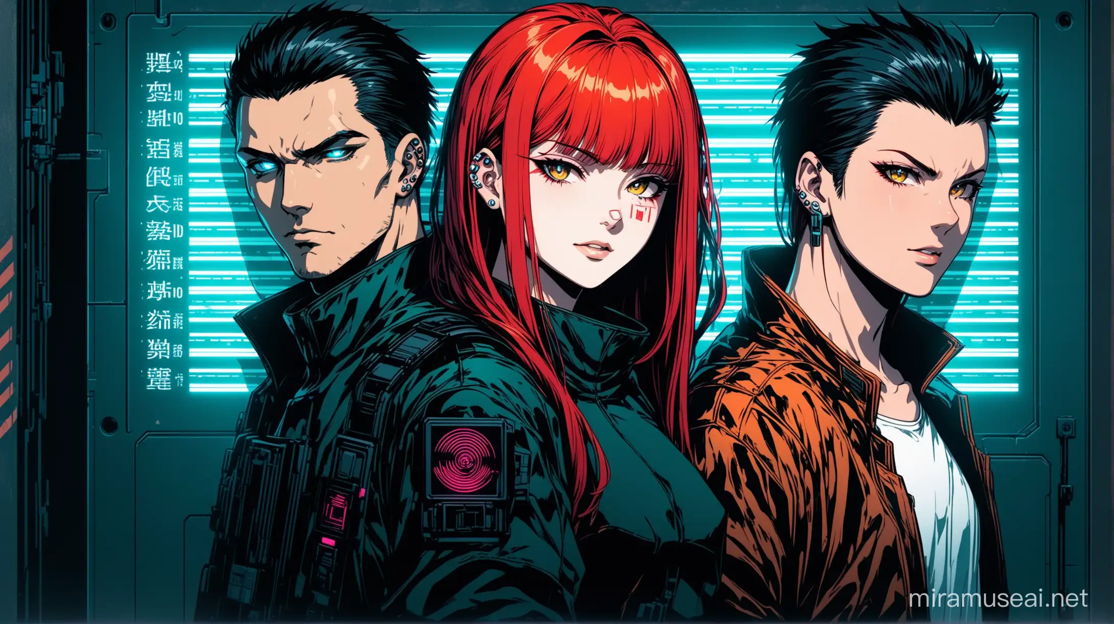 Kyoto animation stylized anime mixed with futuristic cyberpunk artworks ~ two twins, one young female and one young Male staring into the camera for a mugshot or ID photo with a blank or unamused facial expression. Both have red hair, girl has long red hair, both are in cyberpunk outfit pale skin, both have face piercing and face tattoo, both are posing dynamically in white background. Cinematic Lighting, dark lighting, dystopian view, ethereal light, intricate details, extremely detailed, complex details, insanely detailed and intricate, hypermaximalist, extremely detailed with rich colors. masterpiece, best quality, aerial view, HDR, UHD, unreal engine ((acrylic illustration by artgerm, by kawacy, by John Singer Sargenti) dark fantasy background, blade runner, akira, fair skin, altered reality, rich in details, high quality, gorgeous, dystopian, neon signs, final fantasy style, gorgeous, glamorous, 8k, super detail, gorgeous light and shadow, detailed decoration, detailed lines, glitchy aesthetic, mugshot, 1x1