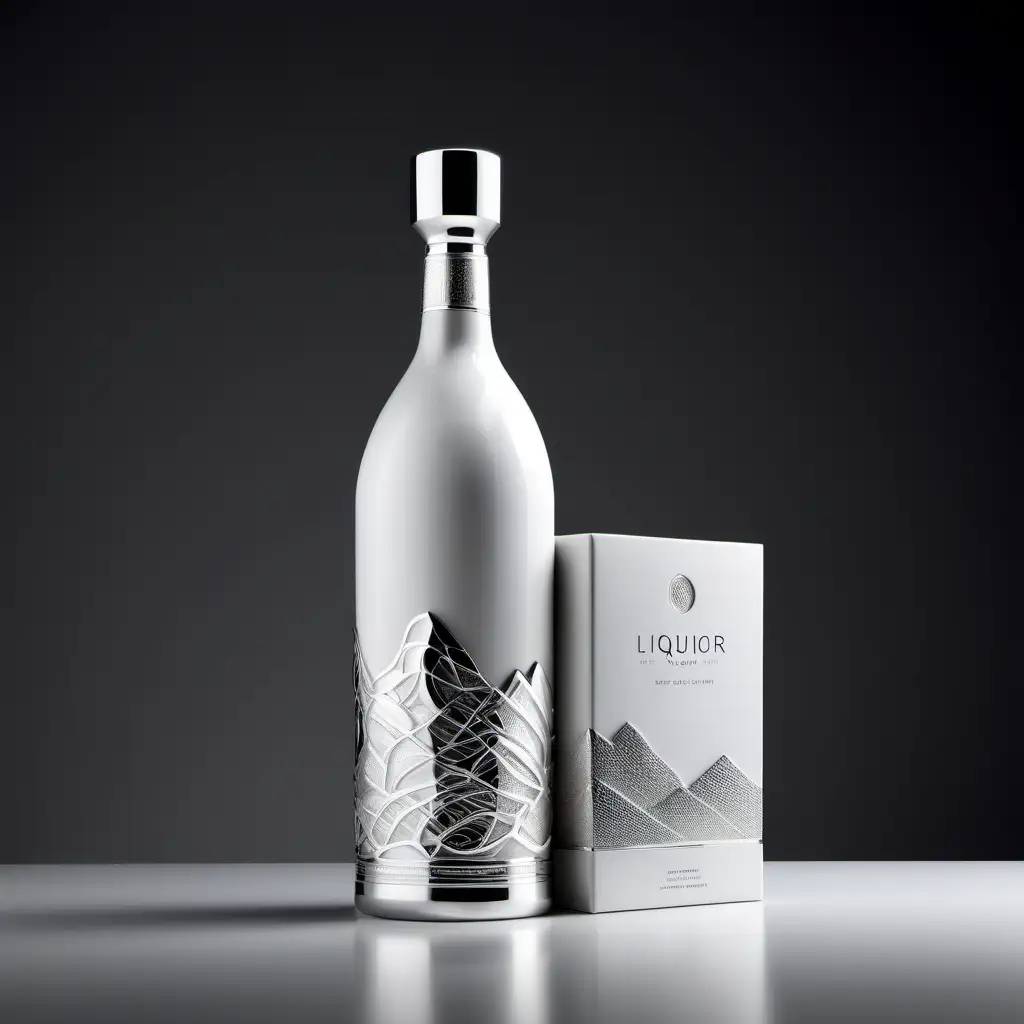 Modern liquor packaging design, high end liquor, photograph images, high details, silver and white color, ceramic bottle, minimalism