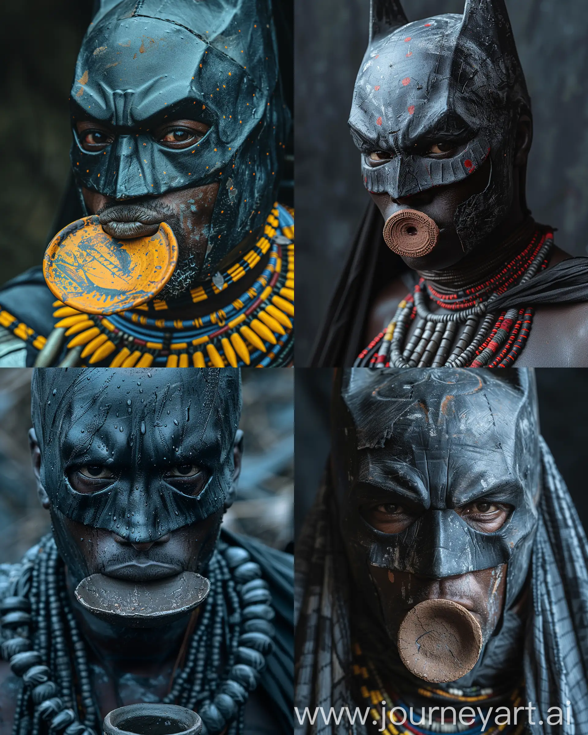 natural geographic photography of batman wearing african-tribes  cutsome and face accessories of Southwestern Ethiopia Jinka clay plate in this lips 32k UHD HDR --ar 4:5 --s 750 --v 6.0 --style raw