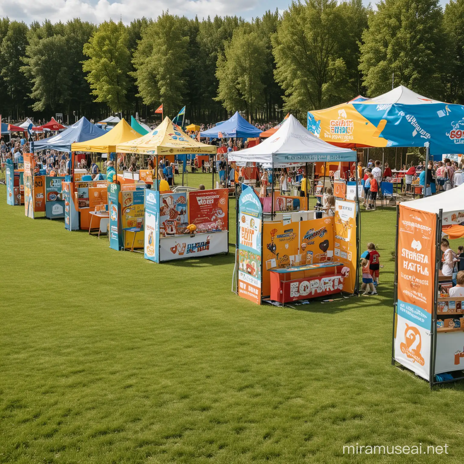 sport fair for kids with booths of sport associations outside in a field front view
