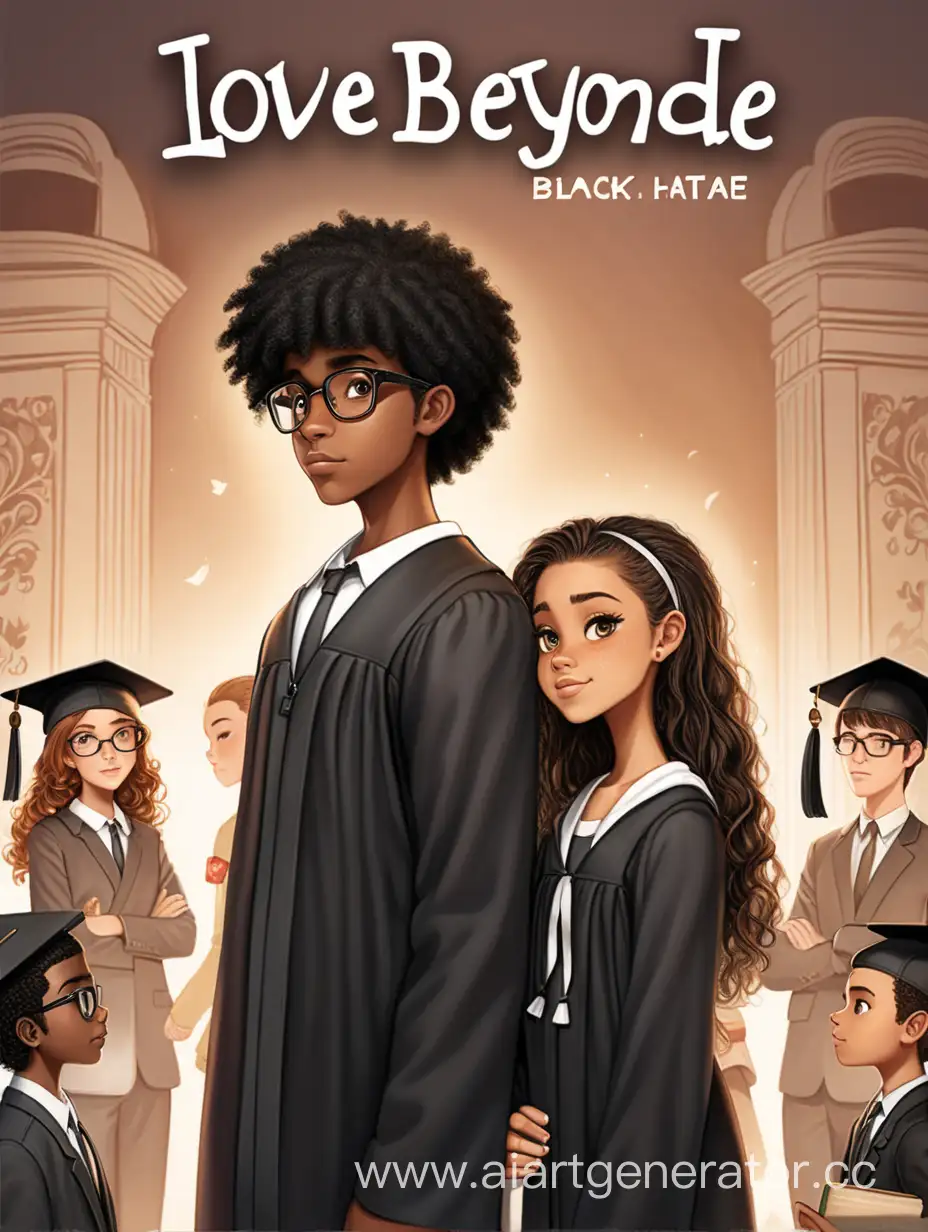 Make a book cover  Title: Love Beyond Hate  Book genre: Romance  Visual composition: A Wattpad animation or cartoon illustration of a girl and a boy on the cover. The boy looks like a teen, and he has short black dreadlocks that are right above his eyes, just barely covering them. The teen boy is African and wears black glasses. The boy is holding a diploma in his hands while looking at the teen girl. The teen girl is mixed. She has a black dad and a black mom, so she should have fair black skin. The teen girl has brown hair and has puffy, wavy, and a little curly hair. Her hair is close to an afro since she is mixed, but not quite an afro. The teen girl should be looking back at the teen boy. The teen boy should be wearing a black unbuttoned blazer, a white long-sleeve shirt with a collar, an iron shirt, and black pants to match the blazer; he was wearing black Oxford shoes. The teen girl should be wearing a black satin dress and her hair down; she was wearing black mini-hills to match her dress.  Typography: Make the font simple for the book title and easy to read. Make the font white, and the text of the title should be in capitals. The author's name should be on the bottom. The author's name is Rizzensc and the Title is Love Beyond Hate.  Layout: The title should be on the center of the cover, and the teen boy should be on the upper middle right side of the cover, looking down at the girl with his diploma, and the girl should be looking back at him in the middle-ish left of the cover. The teen girl should be a little bit shorter or closer to the bottom of the cover than the teen boy, and she should be looking at him.  Material:  Explanation: The chosen visual is to show the visual that the book is about their graduation but it is also so that they can tell the attraction the characters have for each other. The animated look is to keep it simple and attract people. I am going for an official Wattpad story, type cover.