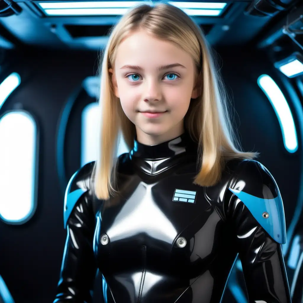 Teenage Girl in Black Latex Suit Aboard a Spaceship with Sisters