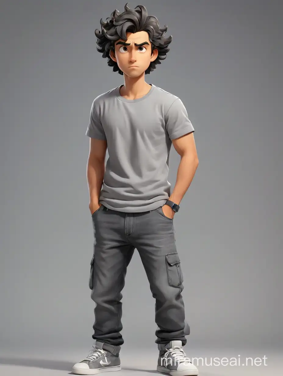 guy in cartoon style, a perplexed face  black Big wavy hairstyle, Wearing a grey T-shirt without inscriptions, jeans, hands folded on the chest, full-body shot, sneakers, different poses set, maximum detail, best quality, HD, gorgeous light and shadow, detailed design
