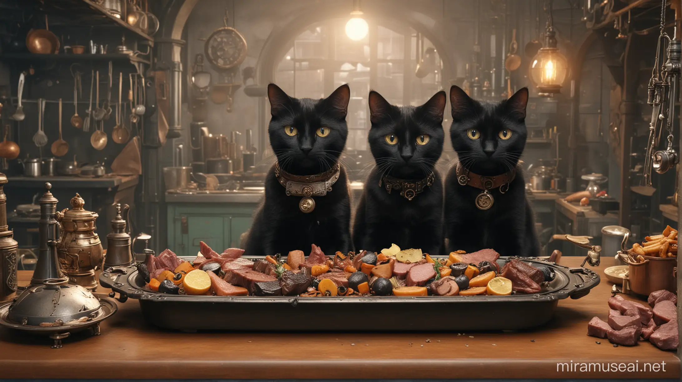 Steampunk Kitchen Scene with Black Cats and Meat Dish